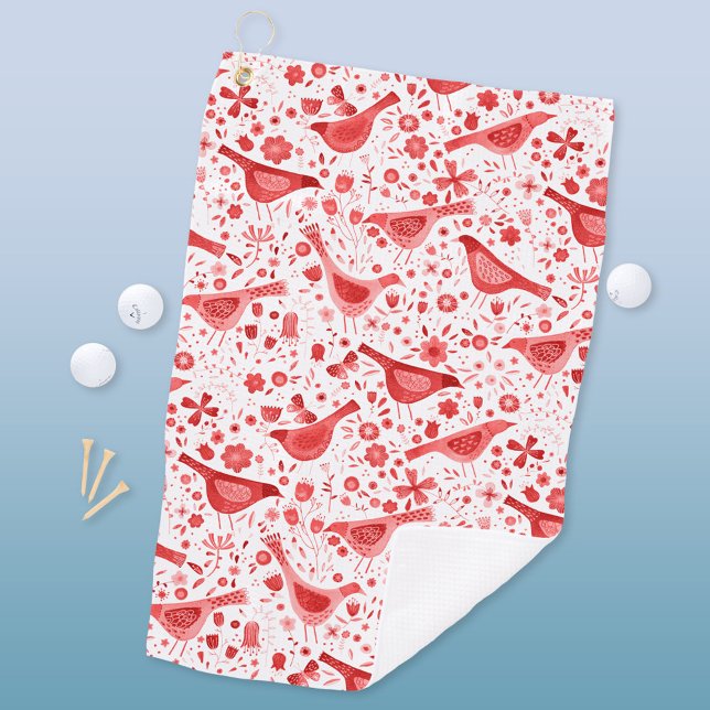 Bird Watercolor Red White Golf Towel (Red and white watercolor bird pattern art golf towel)