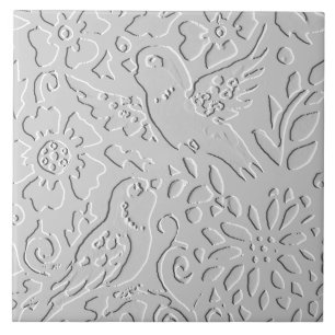 Bird White Grey Black Embossed  Woodland Animal Ceramic Tile