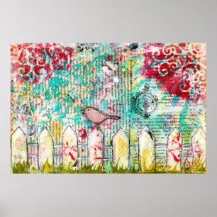 Bird & White Picket Fence Mixed Media Poster Print