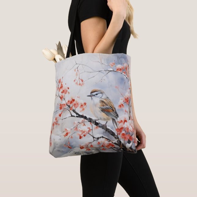 Bird Winter Flower Tote Bag (Close Up)