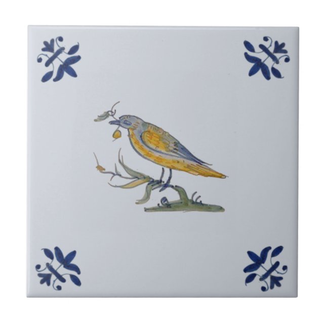 Bird with Berry Delft Repro Hand Painted c. 1650  Ceramic Tile (Front)