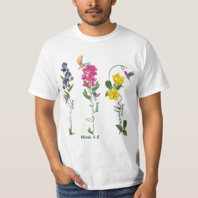 Bird With Flower Justice Love Mercy And Walk Jesus T-Shirt (Front)