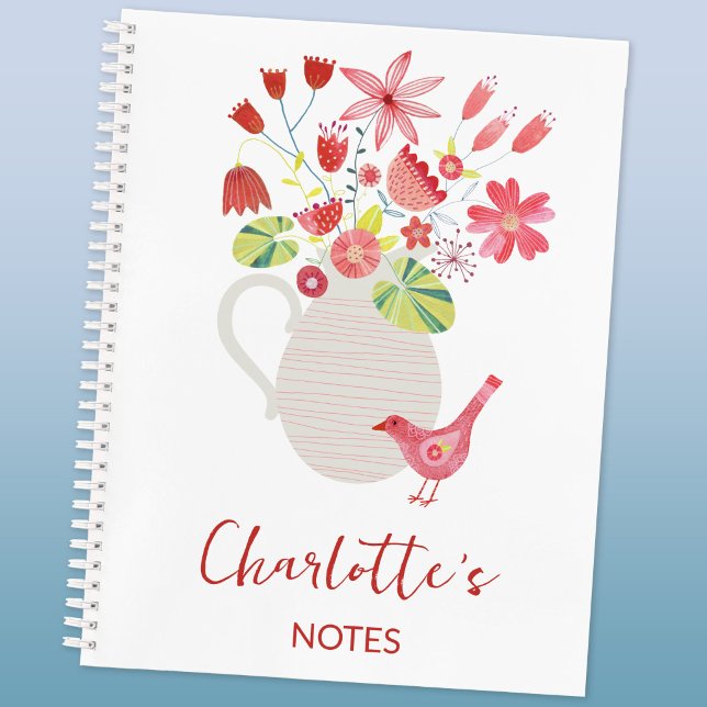 Bird with Jug of Flowers Personalised Name Notebook (Bird with a jug of flowers watercolor art personalized custom name text notebook)