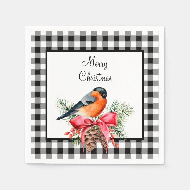 Bird with Pinecones Black and White Buffalo Check  Napkin (Front)