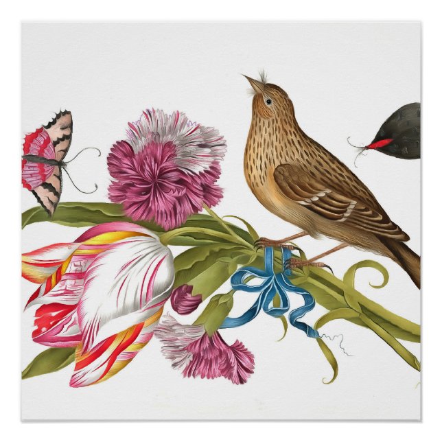 Bird with Tulip Carnations And Butterflies Acrylic Poster (Front)