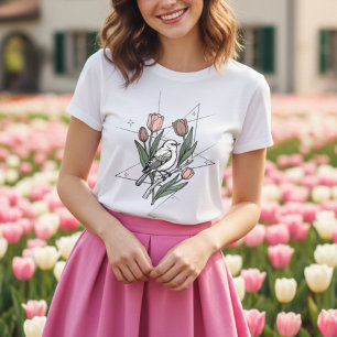 Bird with Tulip flower Minimalist Floral Botanical Tri-Blend Shirt