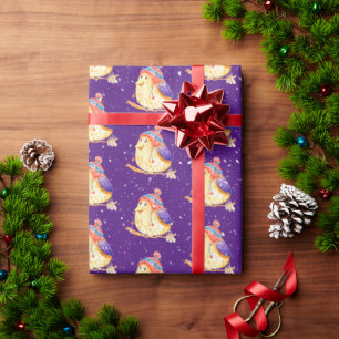 Bird with Winter Cap on Purple Wrapping Paper