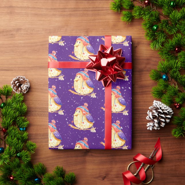 Bird with Winter Cap on Purple Wrapping Paper (Holiday Gift)