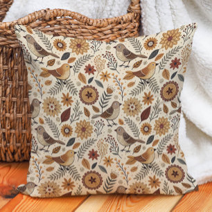 Bird Woodland Folk Art Warm Autumn Nature Cushion