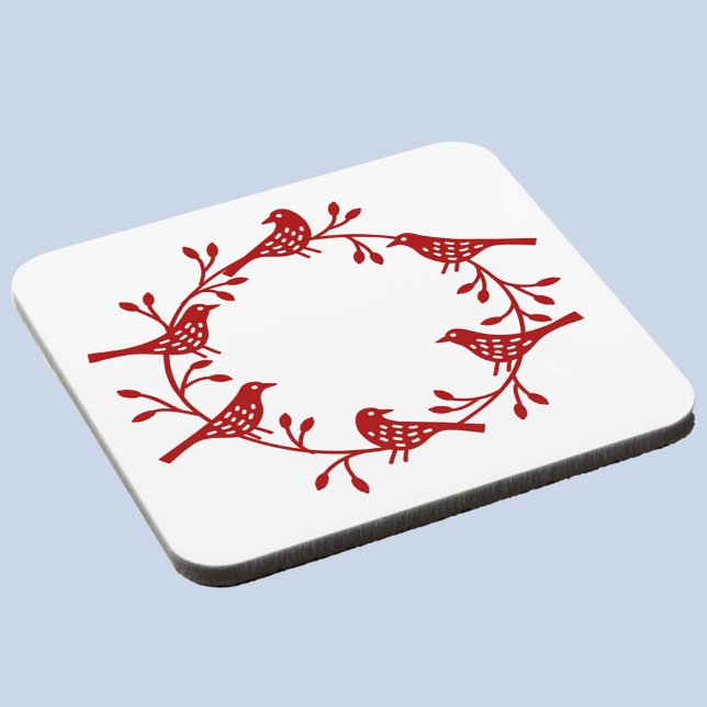 Bird Wreath Modern Scandi Coaster (Red and white Scandinavian bird wreath festive coaster)