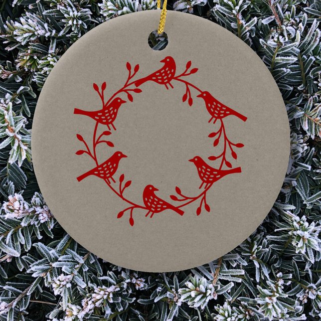 Bird Wreath Red on Neutral Modern Scandi Ceramic Ornament (Red bird wreath Scandinavian Christmas ornament)