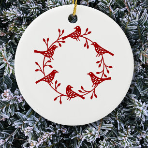 Bird Wreath Red on White Modern Scandi Ceramic Ornament