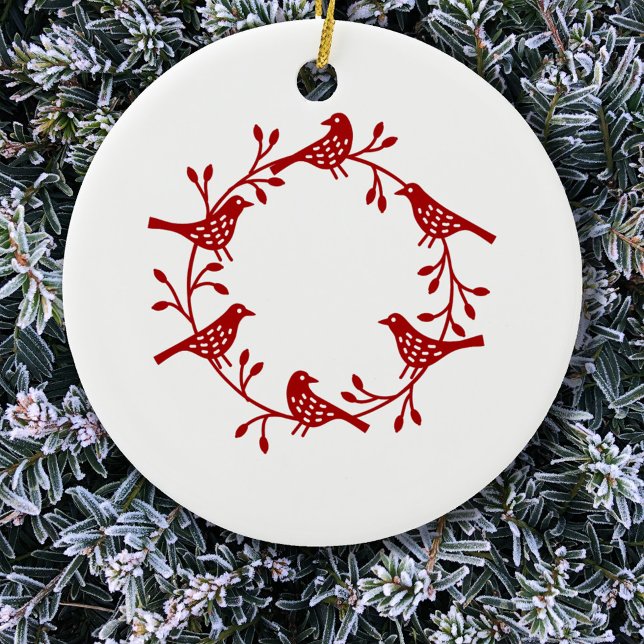 Bird Wreath Red on White Modern Scandi Ceramic Ornament (Red and white Scandinavian bird wreath Christmas ornament)