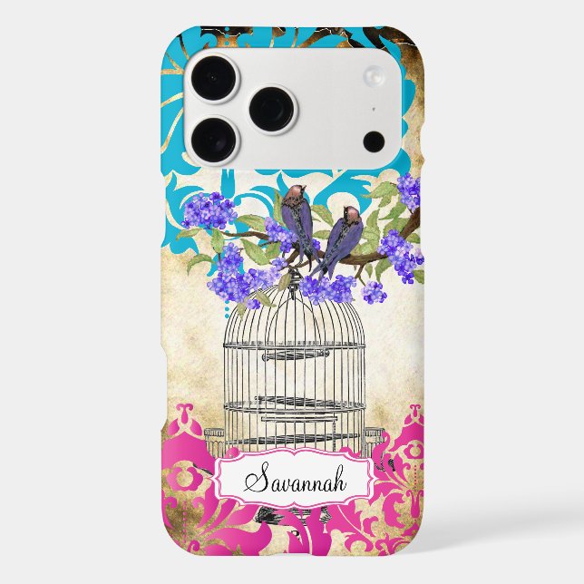 Birdcage Bird Pink Aqua Damask (Back)