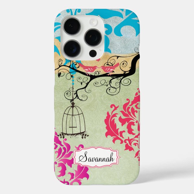 Birdcage Bird Pink Coral Aqua Damask  Case-Mate iPhone Case (Back)