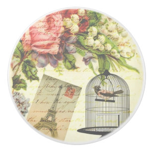 Birdcage Eiffel Tower French Flowers Ceramic Pull