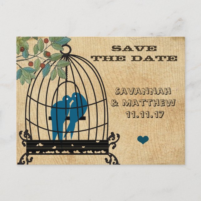 Birdcage Save the Date on Wood Grain Postcard (Front)