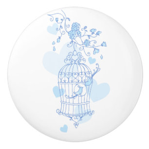 Birdcage two love birds hearts blue doorknob ceramic knob