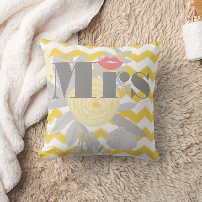Birde Mrs Lips Grey Peach and Yellow Zig Zag Cushion (Blanket)