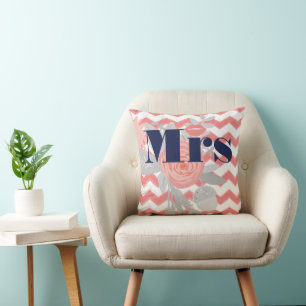 Birde Mrs Lips Navy Coral Grey Zig Zag Floral Cushion