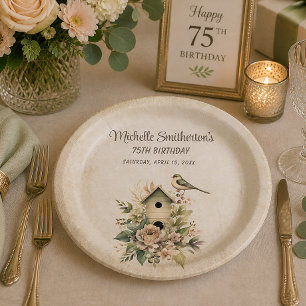 Birdhouse Botanical Nature 75th Birthday Paper Plate