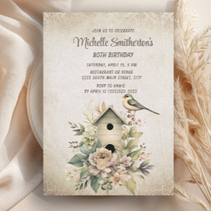 Birdhouse Botanical Nature 80th Birthday  Invitation