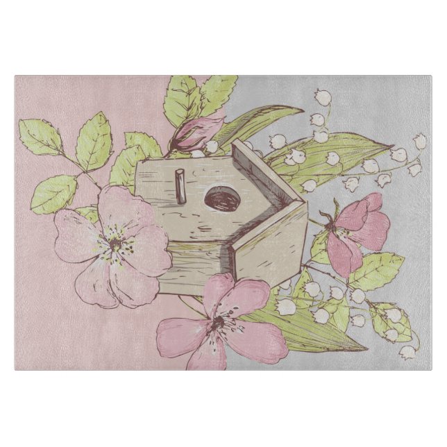 Birdhouse Floral Colorblock Cutting Board (Front)