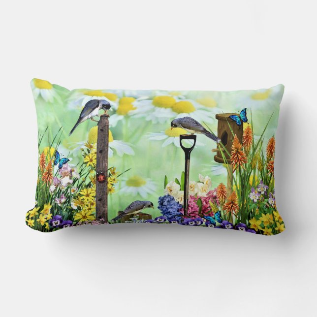 Birdhouse Flower Garden Lumbar Cushion (Front)