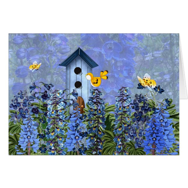 Birdhouse in a Larkspur Flower Garden Blank (Front Horizontal)