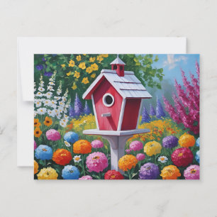 Birdhouse in Summer and Blooming Flowers Postcard