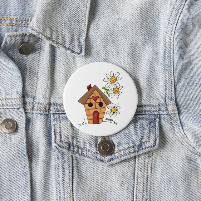 Birdhouse with Daisies and Heart Folk Art 7.5 Cm Round Badge (Creator Uploaded)