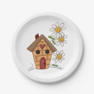 Birdhouse with Daisies and Heart Folk Art Paper Plate