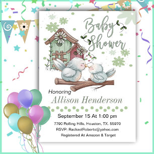 Birdhouse With Mum And Baby Bird Baby Shower Invitation