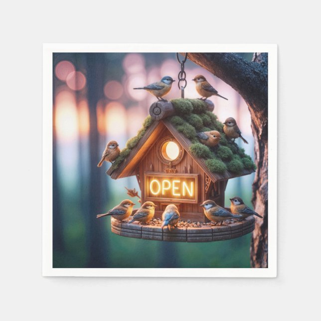 Birdhouse With Neon Open Sign Napkin (Front)