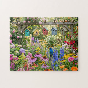Birdhouses, Vibrant Birds and Blooming Flowers Jigsaw Puzzle