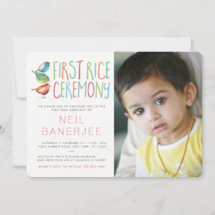 Birdie First Rice Ceremony Photo Invitation