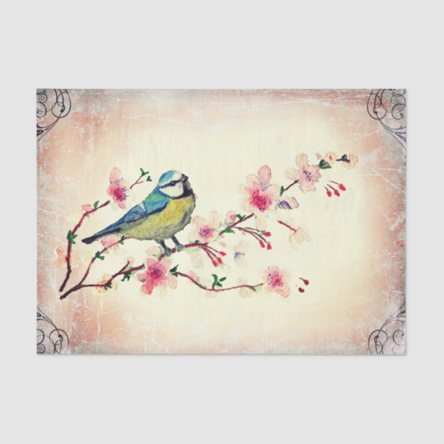 Birdie in Cherry Blossom Tree Deocupage Tissue Paper (Front)