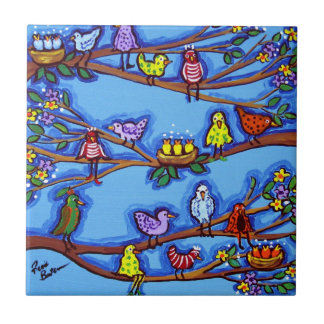 Birdies and Blossoms Whimsical Folk Art Tile