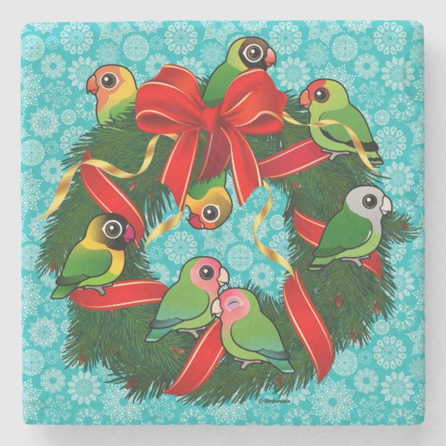 Birdorable Lovebirds Christmas Wreath Stone Coaster (Front)