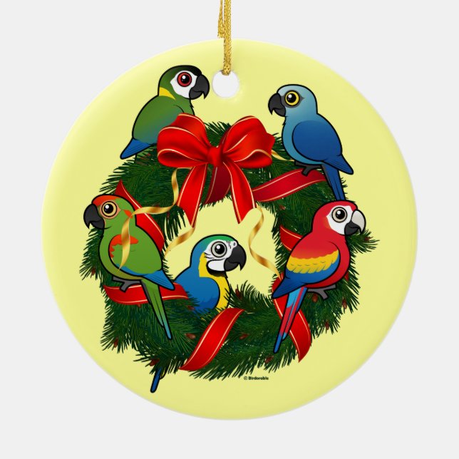 Birdorable Macaws Christmas Wreath Ceramic Ornament (Back)