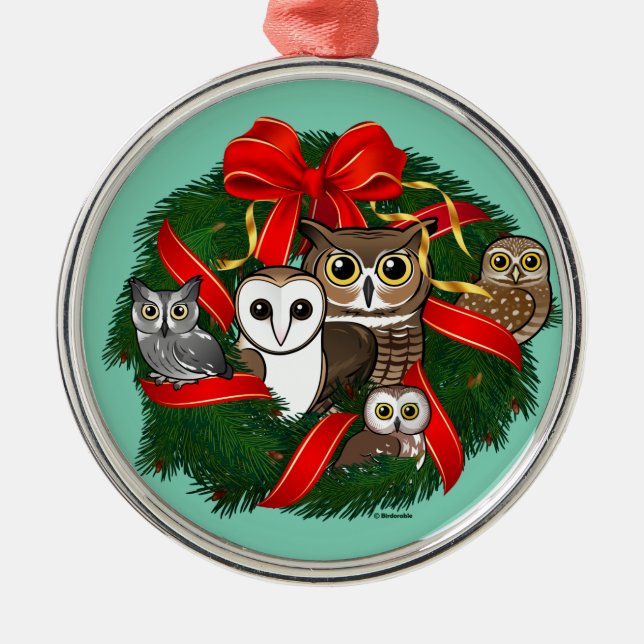 Birdorable Owls Christmas Wreath Metal Tree Decoration (Front)