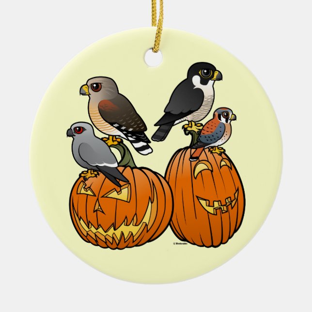 Birdorable Raptors on Pumpkins Ceramic Tree Decoration (Front)