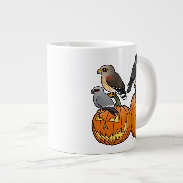 Birdorable Raptors on Pumpkins Large Coffee Mug (Front Right)