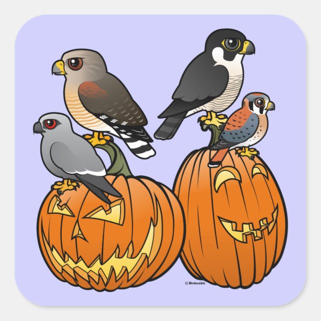Birdorable Raptors on Pumpkins Square Sticker (Front)