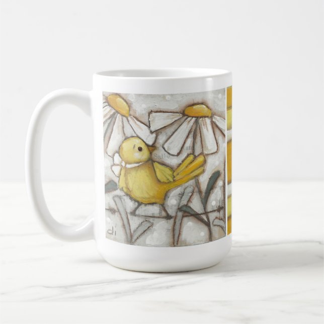 Birds and Blooms - Yellow Bird and Stripes Coffee Mug (Left)