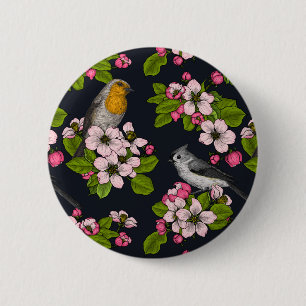 Birds and Blossoms on black 6 Cm Round Badge