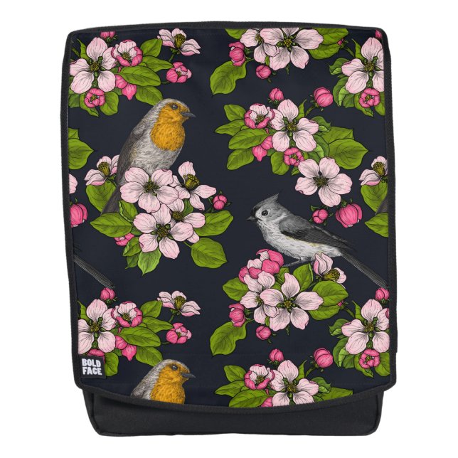 Birds and Blossoms on black Backpack (Front)