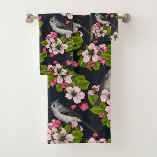 Birds and Blossoms on black Bath Towel Set