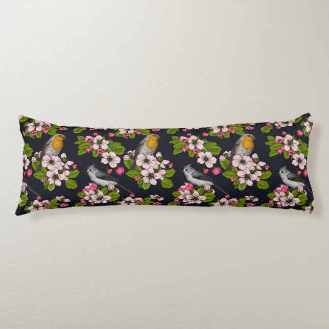 Birds and Blossoms on black Body Cushion (Front)