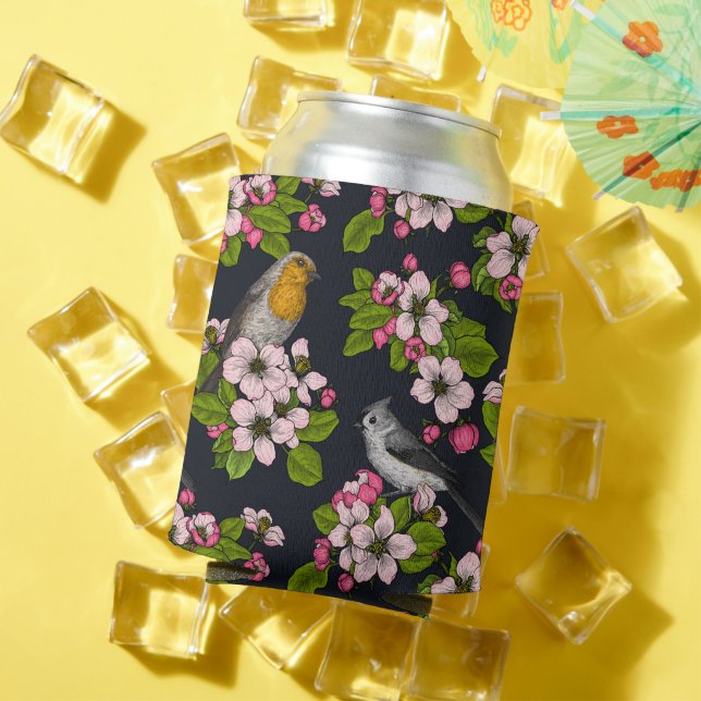 Birds and Blossoms on black Can Cooler (In Situ Summer)